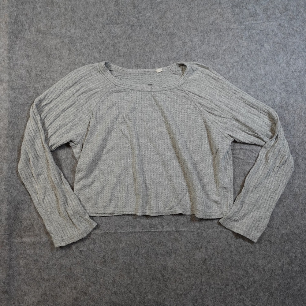 Womens Top Small Waffled Knit Boxy Cropped Crew Neck Gray Raglan Sleeve